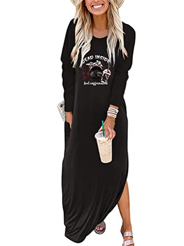 Onsoyours Kleid Damen Knielang Freizeikleid Lange Ärmel Locker Kleider T-Shirt Bluse Rundhals Tunika Strandkleid Taschen Langes Locker Kleider Shirtkleid Maxikleid D Schwarz 40 von Onsoyours