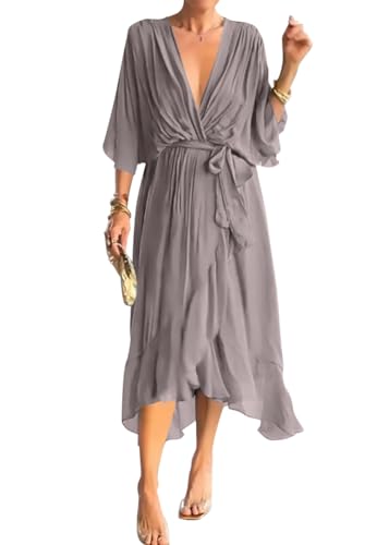 Onsoyours Kleid Damen Lang Abend Party Ballkleid Brautjungfer Split Maxikleid Wickel Cocktail Abendkleider Kurzarm Knielang Freizeitkleid Kurzarm A-Linien Freizeitkleid D Grau M von Onsoyours
