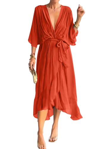 Onsoyours Kleid Damen Lang Abend Party Ballkleid Brautjungfer Split Maxikleid Wickel Cocktail Abendkleider Kurzarm Knielang Freizeitkleid Kurzarm A-Linien Freizeitkleid D Orange XL von Onsoyours