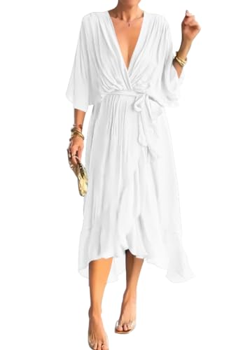 Onsoyours Kleid Damen Lang Abend Party Ballkleid Brautjungfer Split Maxikleid Wickel Cocktail Abendkleider Kurzarm Knielang Freizeitkleid Kurzarm A-Linien Freizeitkleid D Weiß S von Onsoyours
