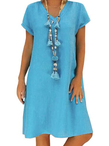 Onsoyours Kleid Damen Leinenkleid für den Sommer V-Ausschnitt Strandkleid Boho Look B Blau DE 44 von Onsoyours