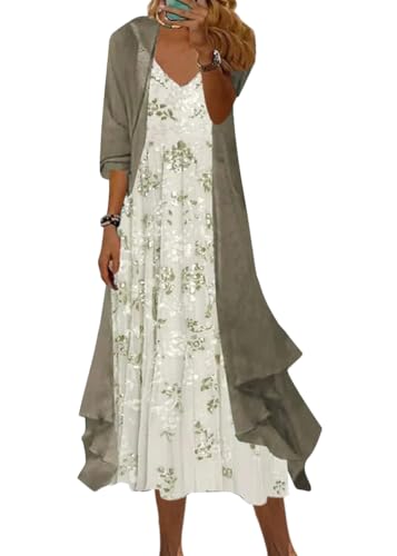 Onsoyours Kleider Damen Blumenkleid Anzug Elegant Hochzeit Abendkleider Boho Druck zweiteiliges Set Ärmelloses Trägerkleid Langarm Chiffon Cardigan Feiertags Strandkleid A01 Grün XL von Onsoyours