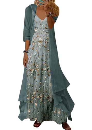 Onsoyours Kleider Damen Blumenkleid Anzug Elegant Hochzeit Abendkleider Boho Druck zweiteiliges Set Ärmelloses Trägerkleid Langarm Chiffon Cardigan Feiertags Strandkleid A07 Blau L von Onsoyours