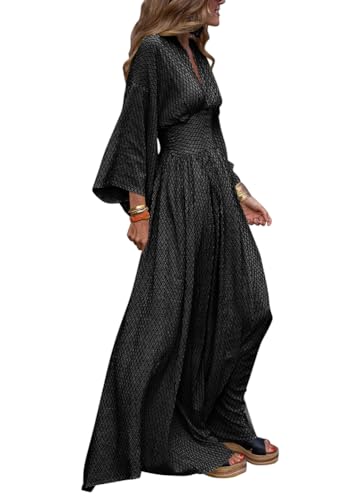 Onsoyours Kleider Damen Elegant Langarm Maxikleid Vintage Boho Freizeitkleid Mode V-Ausschnitt Langes Faltenkleid Lose Swing Abendkleid Frauen Streetwear Frühling Herbst A Schwarz L von Onsoyours