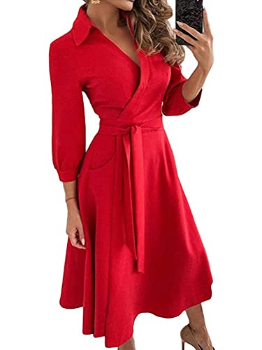Onsoyours Kleider Damen Knielang Langarm Elegantes Blusenkleid Tunikakleid Winterkleid V-Ausschnitt Hemdkleid Mit Gürtel D Rot XXL von Onsoyours