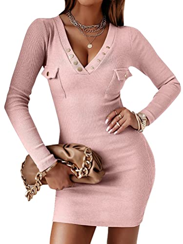 Onsoyours Kleider Damen Kurz Bodycon Bleistiftkleid Stretch Longpulli Eng Minikleid Casual Sexy Langarm Strickkleid Figurbetont Shortkleid Elegant Spitzen Patchwork Freizeitkeid A Rosa M von Onsoyours