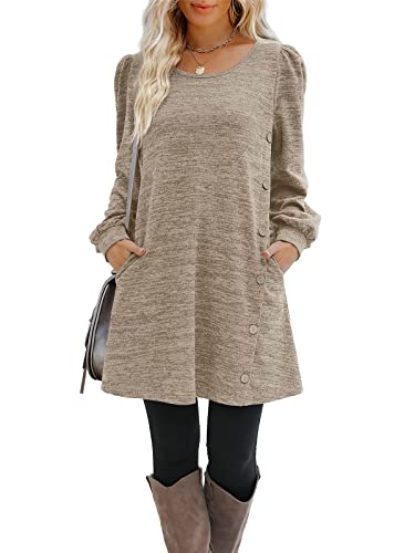 Onsoyours Kleider Damen Langarm Casual Rundhals Mini Kleid Knöpfe Freizeitkleid Herbstkleid mit Taschen A Khaki L von Onsoyours