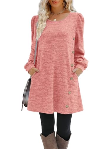 Onsoyours Kleider Damen Langarm Casual Rundhals Mini Kleid Knöpfe Freizeitkleid Herbstkleid mit Taschen A Rosa L von Onsoyours