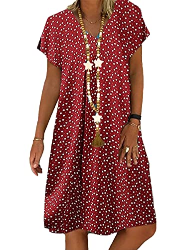 Onsoyours Kleider Damen Leinenkleid Sommerkleid V-Ausschnitt Kurzarm Blusenkleid Strandkleider Sommer Knielang Kleid Leinen Tunikakleider Freizeitkleid Dress D Weinrot 48 von Onsoyours