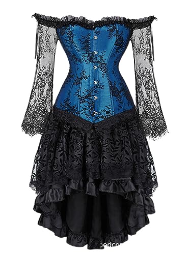 Onsoyours Korsett Kleid Damen Halloween Steampunk Corsage mit Strapsen Spitze Corset Dress Bustier Corsagenkleid Kostüm C Blau 3XL von Onsoyours