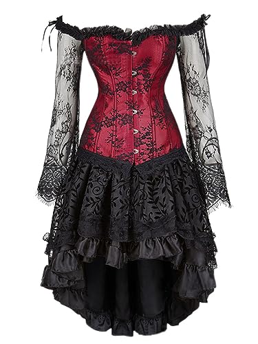 Onsoyours Korsett Kleid Damen Halloween Steampunk Corsage mit Strapsen Spitze Corset Dress Bustier Corsagenkleid Kostüm C Weinrot M von Onsoyours