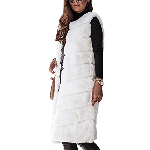 Onsoyours Damen Kunstfell Weste mit Kapuze Lang Fellweste Herbst Winter Warme Weste aus Kunstpelz Ärmellose Winterjacke Faux-Pelz Mantel Jacket Waistcoat B Weiß M von Onsoyours