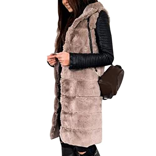 Onsoyours Kunstfell Weste Damen mit Kapuze Kunstpelz Weste Lang Fellweste Herbst Winter Warme Weste aus Kunstpelz Ärmellose Weste Winterjacke Faux-Pelz Mantel Jacket Waistcoat C Khaki M von Onsoyours
