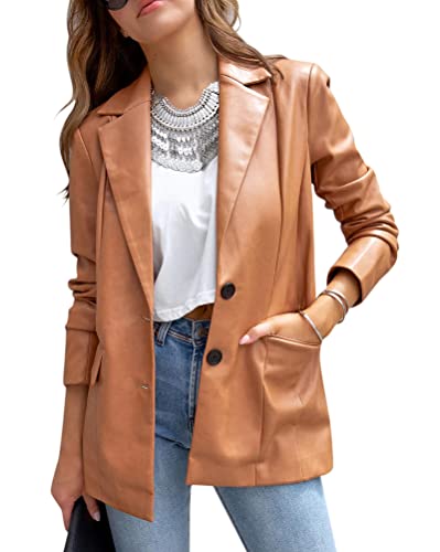 Onsoyours Kunstlederjacke Damen Kunstleder Blazer Leder Mantel Elegant Casual Anzugjacke Stretch Damenjacke Knopfleiste Slim Fit Trenchcoat Geschäft Büro Blazers B Braun M von Onsoyours