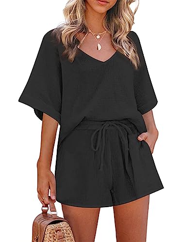 Onsoyours Kurzarm Top Shorts Set Damen Sommer Casual V Ausschnitt Freizeitanzug Einfarbig Lose Sportbekleidung Zweiteiler Jogginganzug Outfits Kleidung Streetwear Pyjama Mit Taschen A Schwarz L von Onsoyours