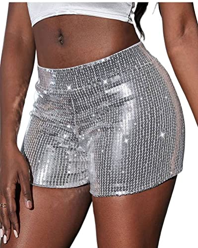 Onsoyours Kurze Hose Damen Pailletten Glitzer Shorts Sexy Hotpants Damen Sequin Shine Glitter Shorts High Waist A-Linie Sparkly Party Hotpants Sexy Nachtclub Clubwear A Silber S von Onsoyours