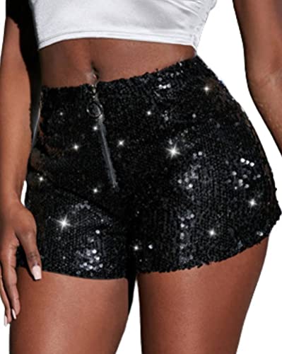 Onsoyours Kurze Hose Damen Pailletten Glitzer Shorts Sexy Hotpants Damen Sequin Shine Glitter Shorts High Waist A-Linie Sparkly Party Hotpants Sexy Nachtclub Clubwear B Schwarz L von Onsoyours