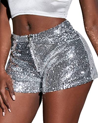 Onsoyours Kurze Hose Damen Pailletten Glitzer Shorts Sexy Hotpants Damen Sequin Shine Glitter Shorts High Waist A-Linie Sparkly Party Hotpants Sexy Nachtclub Clubwear B Silber M von Onsoyours