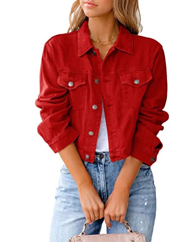 Onsoyours Kurze Jeansjacke damen Casual Langarm Revers Einfarbig Jacke Übergangsjacke Leichte Herbst und Winter Denim Jacke A Rot S von Onsoyours