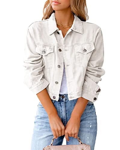 Onsoyours Kurze Jeansjacke damen Casual Langarm Revers Einfarbig Jacke Übergangsjacke Leichte Herbst und Winter Denim Jacke A Weiß S von Onsoyours