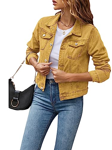 Onsoyours Kurze Jeansjacke damen Casual Langarm Revers Einfarbig Jacke Übergangsjacke Leichte Herbst und Winter Denim Jacke B Gelb S von Onsoyours