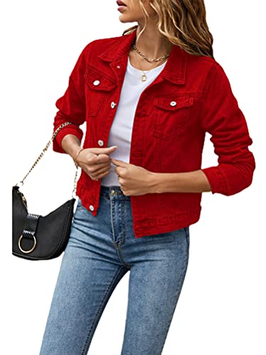 Onsoyours Kurze Jeansjacke damen Casual Langarm Revers Einfarbig Jacke Übergangsjacke Leichte Herbst und Winter Denim Jacke B Rot XXL von Onsoyours