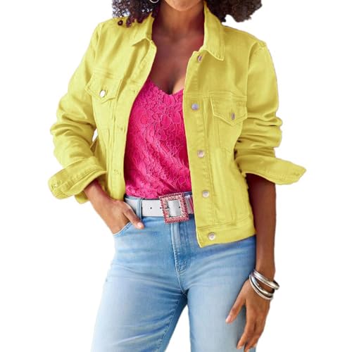 Onsoyours Kurze Jeansjacke damen Casual Langarm Revers Einfarbig Jacke Übergangsjacke Leichte Herbst und Winter Denim Jacke C Gelb S von Onsoyours