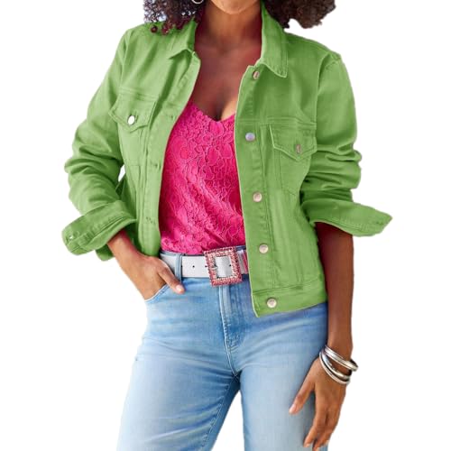 Onsoyours Kurze Jeansjacke damen Casual Langarm Revers Einfarbig Jacke Übergangsjacke Leichte Herbst und Winter Denim Jacke C Hellgrün L von Onsoyours