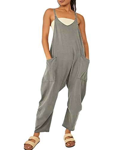 Onsoyours Lässiger Damen Overall mit Spaghetti-Träger Ärmellose Overalls Jumpsuit Langes Weites Bein Spielanzug Hose mit Doppeltaschen Strampler Arbeitshose Dunkelgrau XS von Onsoyours