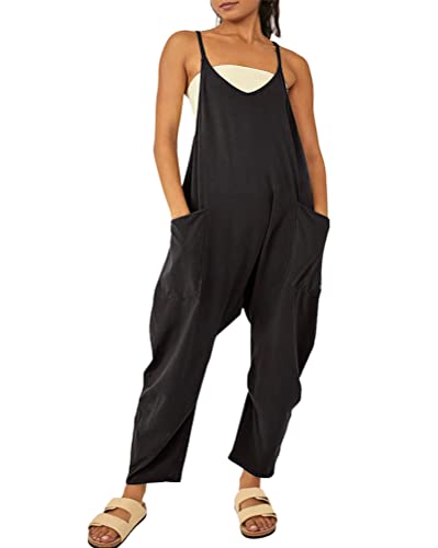 Onsoyours Lässiger Damen Overall mit Spaghetti-Träger Ärmellose Overalls Jumpsuit Langes Weites Bein Spielanzug Hose mit Doppeltaschen Strampler Arbeitshose Schwarz 02 XS von Onsoyours