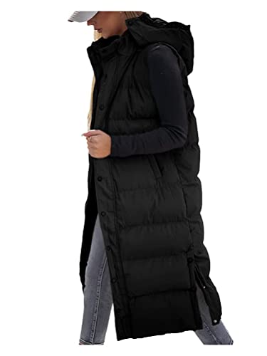 Onsoyours Lang Weste Damen Daunenweste Leichte Gesteppte Weste Jacke Kapuzenweste Wintermantel Einfarbige Winddicht Reißverschluss Steppjacke Daunenjacke Outdoorjacke D Schwarz L von Onsoyours