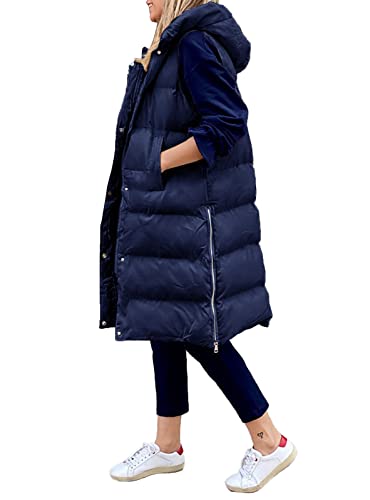 Onsoyours Lang Weste Damen Daunenweste Mantel Mit Kapuze Steppweste Wintermantel ÄRmellose LäNge Steppjacke C Dunkelblau L von Onsoyours