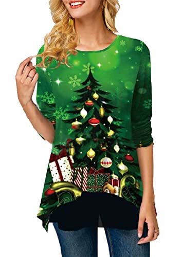 Onsoyours Langarmshirt Damen Weihnachten Frauen Weihnachtspulli Pullover Sweatshirt Pulli Langarm T-Shirt Christmas Shirts Bedrucktes Oberteil Bluse Tops B Grün 3XL von Onsoyours