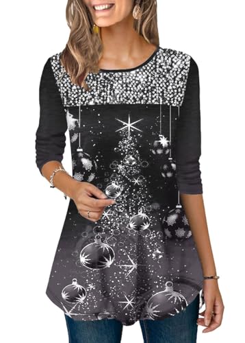 Onsoyours Langarmshirt Damen Weihnachten Frauen Weihnachtspulli Pullover Sweatshirt Pulli Langarm T-Shirt Christmas Shirts Bedrucktes Oberteil Bluse Tops C Schwarz 3XL von Onsoyours