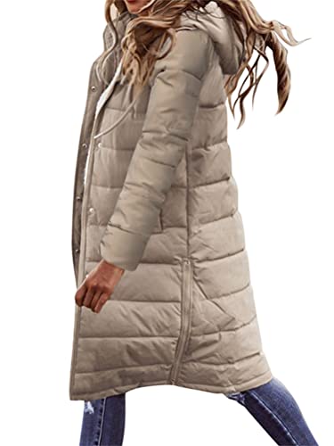 Onsoyours Lange Daunenjacke Damen Einfarbige Winterjacke Steppjacke Wintermantel Jacke Outwear mit Kapuze Übergangsjacke Frauen Winter Warm Daunenmantel A Khaki L von Onsoyours