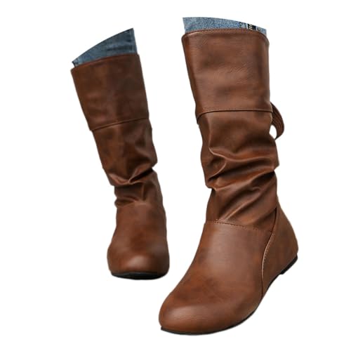 Onsoyours Langschaft Stiefel Damen PU Kniehohe Stiefel Flach Mode Stiefel Winterstiefel Lange Stiefel Casual Langschaft Boots Winterschuhe A Braun 43 EU von Onsoyours