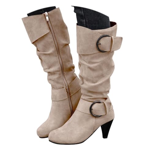 Onsoyours Langschaft Stiefel Damen Wildleder Halbstiefel mit Blockabsatz Reißverschluss Winterstiefel Lange Stiefel Casual Langschaft Boots Winterschuhe A Beige 42 EU von Onsoyours
