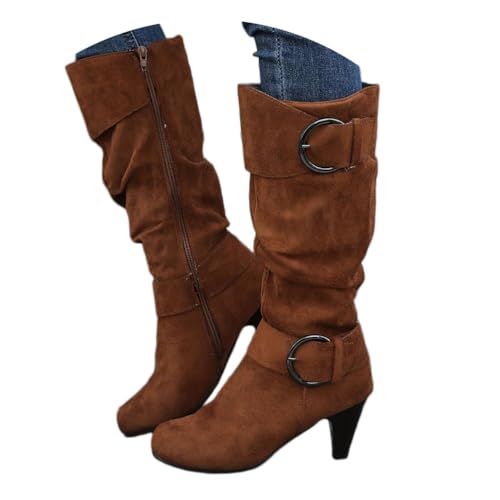 Onsoyours Langschaft Stiefel Damen Wildleder Halbstiefel mit Blockabsatz Reißverschluss Winterstiefel Lange Stiefel Casual Langschaft Boots Winterschuhe A Braun 39 EU von Onsoyours