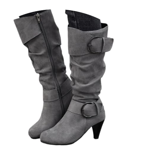 Onsoyours Langschaft Stiefel Damen Wildleder Halbstiefel mit Blockabsatz Reißverschluss Winterstiefel Lange Stiefel Casual Langschaft Boots Winterschuhe A Grau 40 EU von Onsoyours