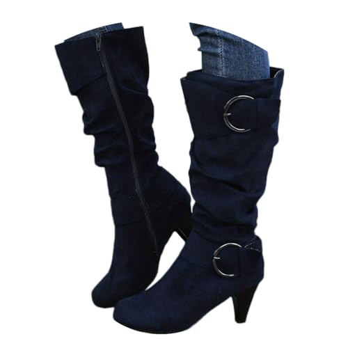 Onsoyours Langschaft Stiefel Damen Wildleder Halbstiefel mit Blockabsatz Reißverschluss Winterstiefel Lange Stiefel Casual Langschaft Boots Winterschuhe A Marine 40 EU von Onsoyours