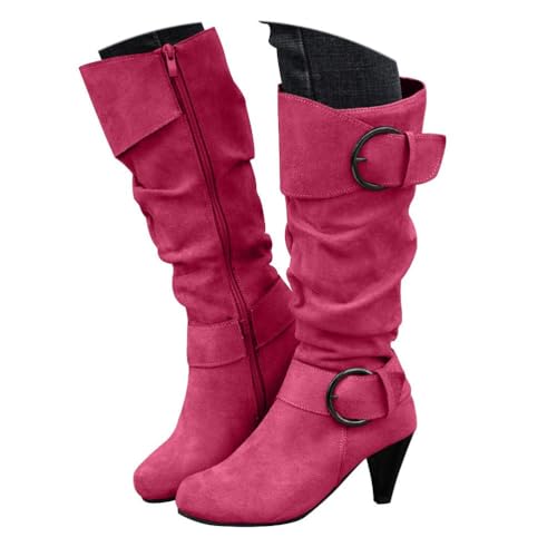 Onsoyours Langschaft Stiefel Damen Wildleder Halbstiefel mit Blockabsatz Reißverschluss Winterstiefel Lange Stiefel Casual Langschaft Boots Winterschuhe A Rosenrot 37 EU von Onsoyours