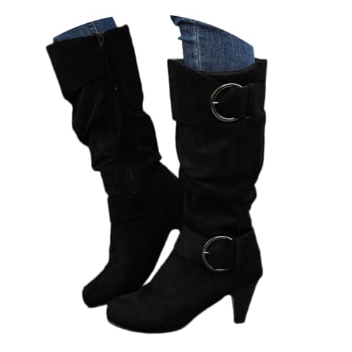 Onsoyours Langschaft Stiefel Damen Wildleder Halbstiefel mit Blockabsatz Reißverschluss Winterstiefel Lange Stiefel Casual Langschaft Boots Winterschuhe A Schwarz 39 EU von Onsoyours