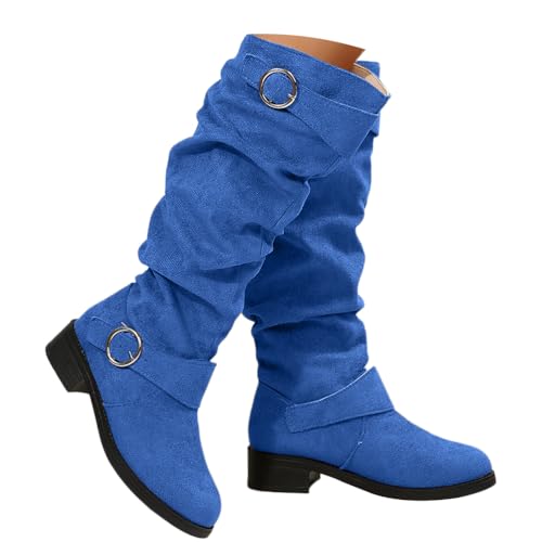 Onsoyours Langschaft Stiefel Damen Wildleder Schlupfstiefel mit Blockabsatz Winterstiefel Lange Stiefel Casual Kniehohe Boots A Blau 39 EU von Onsoyours