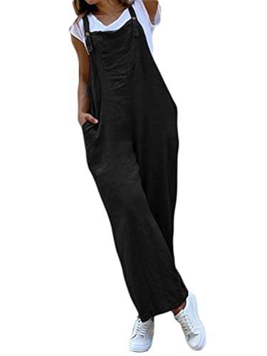 Onsoyours Latzhose Damen Jumpsuit mit Träger Retro Overalls Oversize Lose Hose Lange Baggy Sommerhose Baumwolle Leinen Jumpsuit Elegant Hosenanzug A Schwarz L von Onsoyours