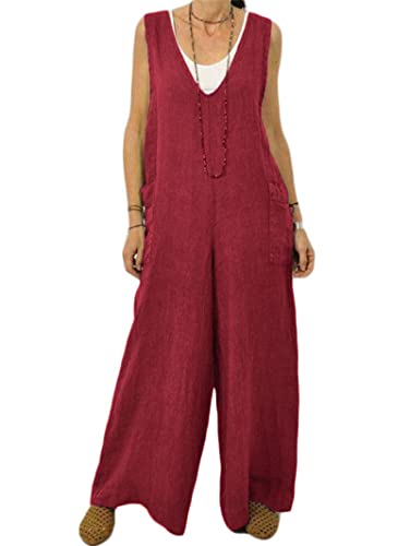 Onsoyours Latzhose Damen Jumpsuit mit Träger Retro Overalls Oversize Lose Hose Lange Baggy Sommerhose Baumwolle Leinen Jumpsuit Elegant Hosenanzug D Rot L von Onsoyours