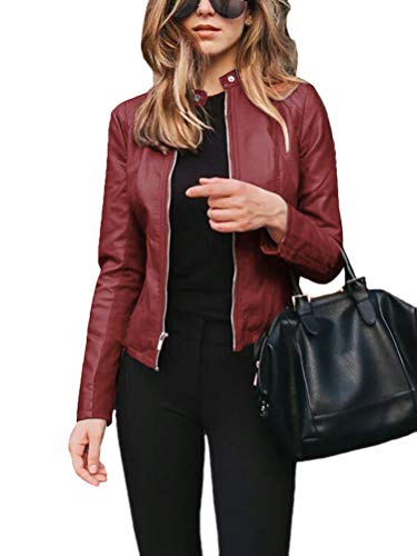 Onsoyours Lederjacke Damen Jacke Langarm Mit Reißverschluss Motorradjacke Bikerjacke Frauen Oberbekleidung Elegante Jacken Übergangsjacke A Rot XS von Onsoyours
