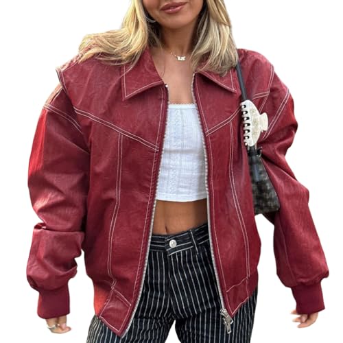 Onsoyours Lederjacke Damen Vintage Jacke Biker Mantel PU Leder Moto Bomber Cardigan Jacken Herbst Reverskragen Outwear Streetwear Bomberjacke Leder Jacket Streetwear A Rot M von Onsoyours