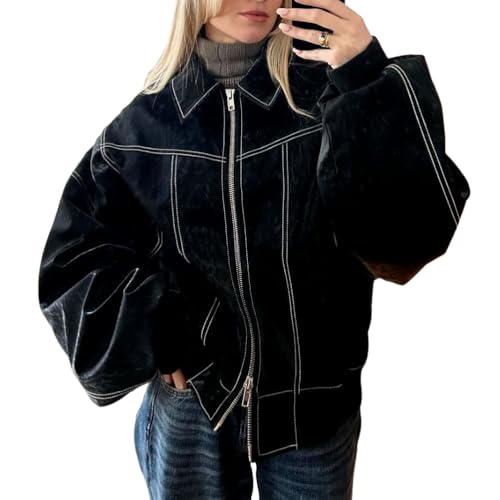 Onsoyours Lederjacke Damen Vintage Jacke Biker Mantel PU Leder Moto Bomber Cardigan Jacken Herbst Reverskragen Outwear Streetwear Bomberjacke Leder Jacket Streetwear A Schwarz M von Onsoyours