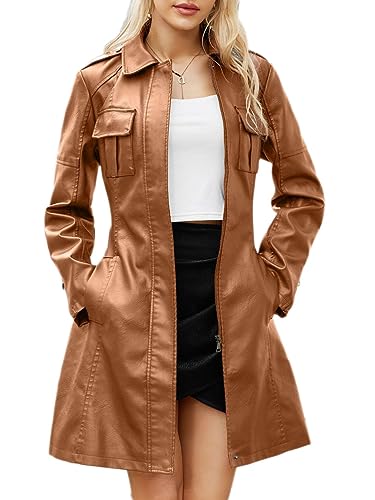 Onsoyours Lederjacke Damen Vintage Jacke Elegant Pu-Kunstleder Warm Slim Fit Mantel Trenchcoat Outwear Jacken Mit Reißverschluss Übergangsjacke Windjacke Motorradjacke Freizeitjacke A Kamel 3XL von Onsoyours