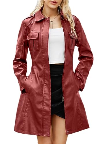 Onsoyours Lederjacke Damen Vintage Jacke Elegant Pu-Kunstleder Warm Slim Fit Mantel Trenchcoat Outwear Jacken Mit Reißverschluss Übergangsjacke Windjacke Motorradjacke Freizeitjacke A Weinrot M von Onsoyours